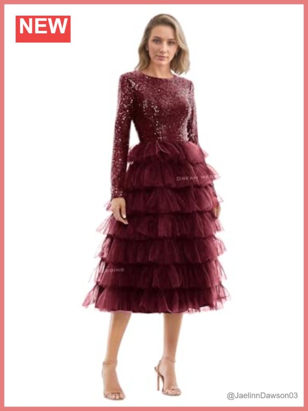 Long Sleeve Sequin Prom Dress Tiered Tulle Tea Length Formal Gown
